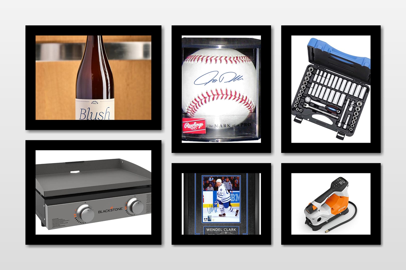 Collage of silent auction items including a bottle of wine, autographed baseball, socket wrench set, Blackstone griddle, framed Wendel Clark hockey photo, and Stihl power tool.